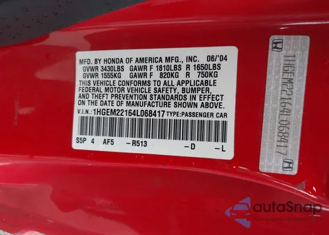 2004 Honda Civic Vp из США, поврежденный, VIN 1HGEM22164L068417